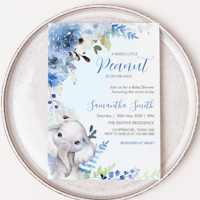 Blue Floral Little Peanut Baby Shower Invitation (Blue Floral Elephant Spring Baby Shower Invitation
)