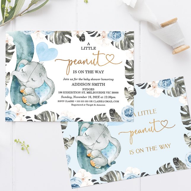 Blue Floral Little Peanut Elephant Baby Shower Invitation (Sweet little peanut boy's baby shower invitation featuring an elephant trunk and baby elephant.)