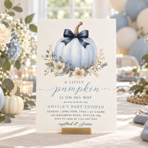 Blue Floral Little Pumpkin Boy Baby Shower Invitation