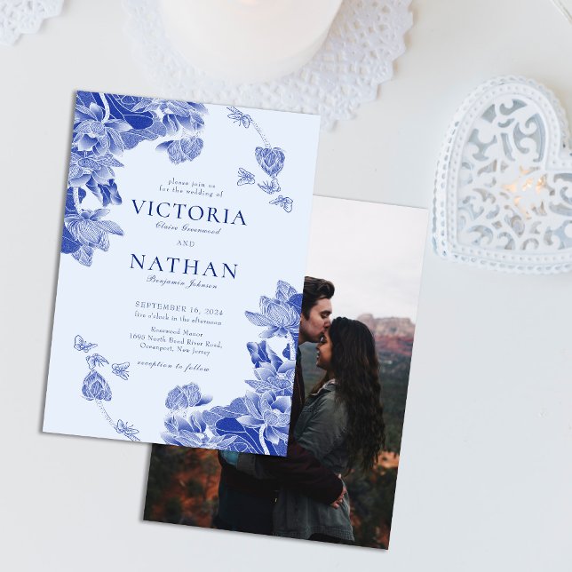 Blue Floral Lotus Chinoiserie with Photo Wedding  Invitation (Creator Uploaded)