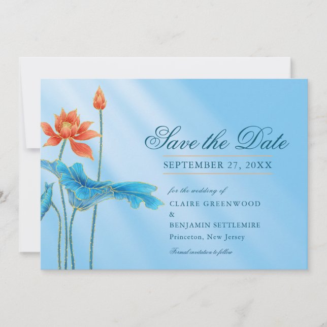 Blue Floral Lotus Wedding Save the Date Invitation (Front)