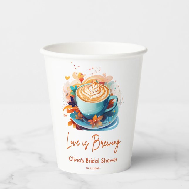 Blue Floral Love is Brewing Coffee Bridal Shower  Paper Cups (Front)