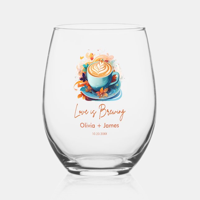 Blue Floral Love is Brewing Coffee Bridal Shower  Stemless Wine Glass (Front)