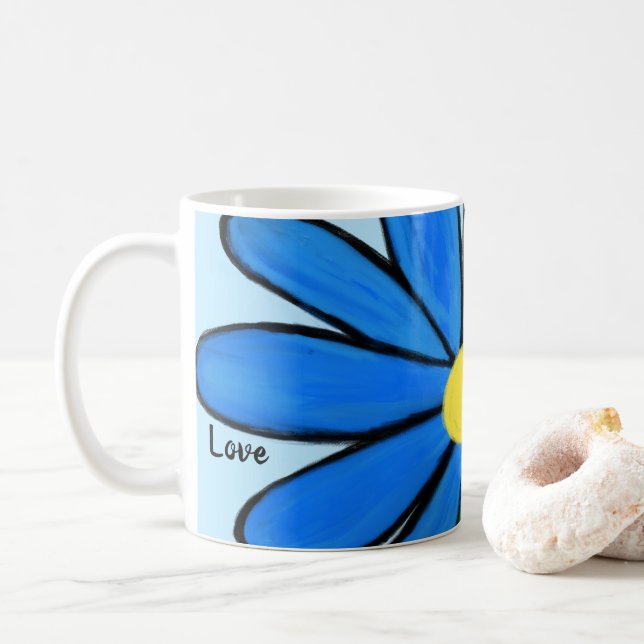 Blue Floral Love Personalised Blue Mugs (With Donut)