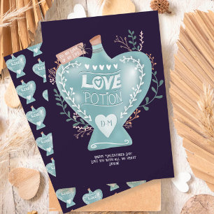 Blue floral love potion bottle Valentine day Holiday Card