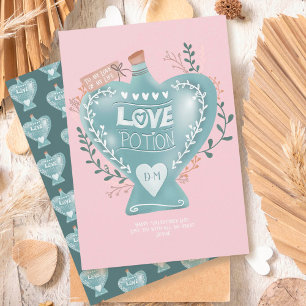 Blue floral love potion bottle Valentine day pink Holiday Card