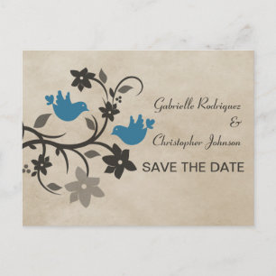 Blue Floral Lovebirds Save the Date Postcard