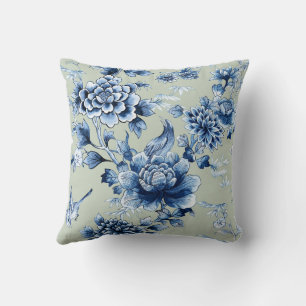 Blue Floral Luxury on Sage Throw Pillow