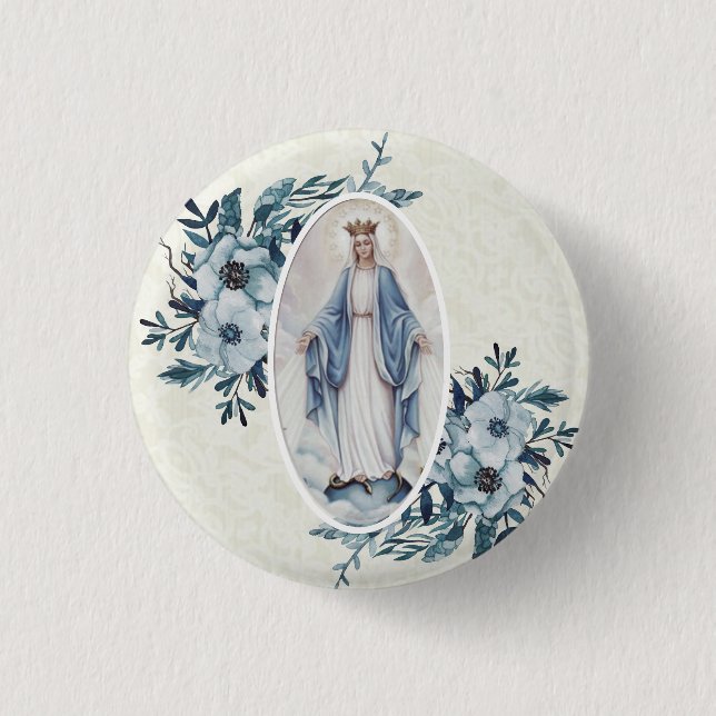Blue Floral |Madonna | Virgin Mary | Lace 3 Cm Round Badge (Front)