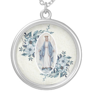Blue Floral  Madonna   Virgin Mary   Lace Silver Plated Necklace