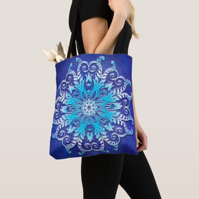 Blue floral mandala on grunge background. tote bag (Close Up)