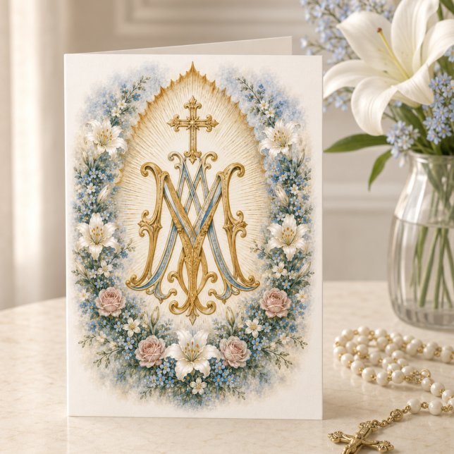 Blue Floral Marian Monogram Catholic Scripture Card (Creator Uploaded)