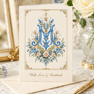 Blue Floral Marian Monogram Catholic Thank You Card