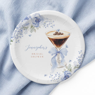 Blue Floral Martini Bridal Shower Paper Plates