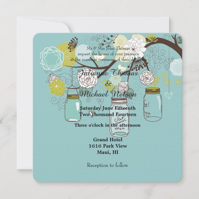 Blue Floral Mason Jars Wedding Invitation (Front)