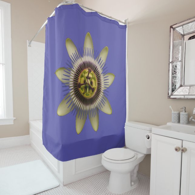Blue Floral Medallion Shower Curtain & Liner (In Situ)