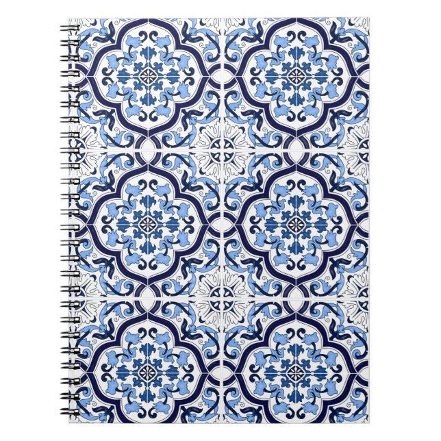  Blue Floral Mediterranean Sicilian Tile Notebook (Front)