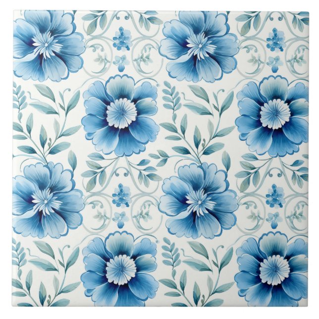 Blue Floral Mediterrean Elegant Tile (Front)