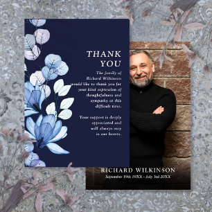 Blue Floral Memorial Celebration Of Life Photo Thank You Card