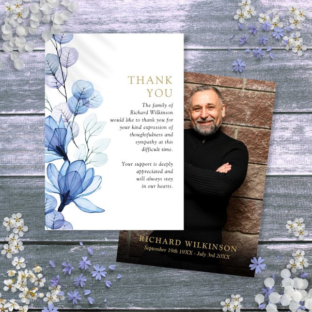 Blue Floral Memorial Celebration Of Life Photo Thank You Card (Blue Floral Memorial Celebration Of Life Photo Thank You Card)