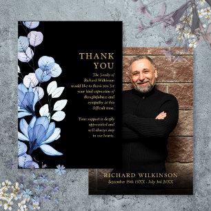 Blue Floral Memorial Celebration Of Life Photo Thank You Card