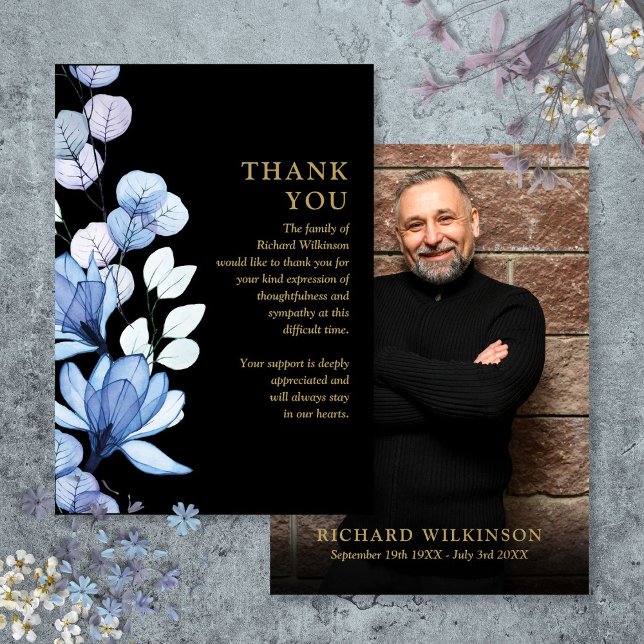 Blue Floral Memorial Celebration Of Life Photo Thank You Card (Blue Floral Memorial Celebration Of Life Photo Thank You Card)