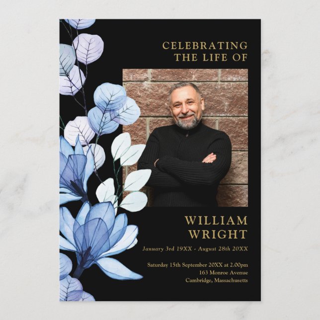 Blue Floral Memorial Funeral Order Of Service Programme (Front)