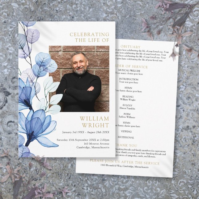 Blue Floral Memorial Funeral Order Of Service Programme (Blue Floral Memorial Funeral Order Of Service Program)