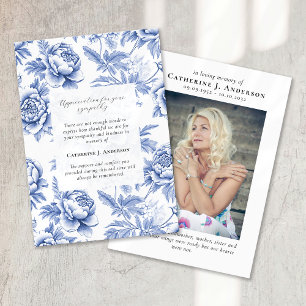 Blue Floral Memorial Photo Sympathy Funeral Thank You Card