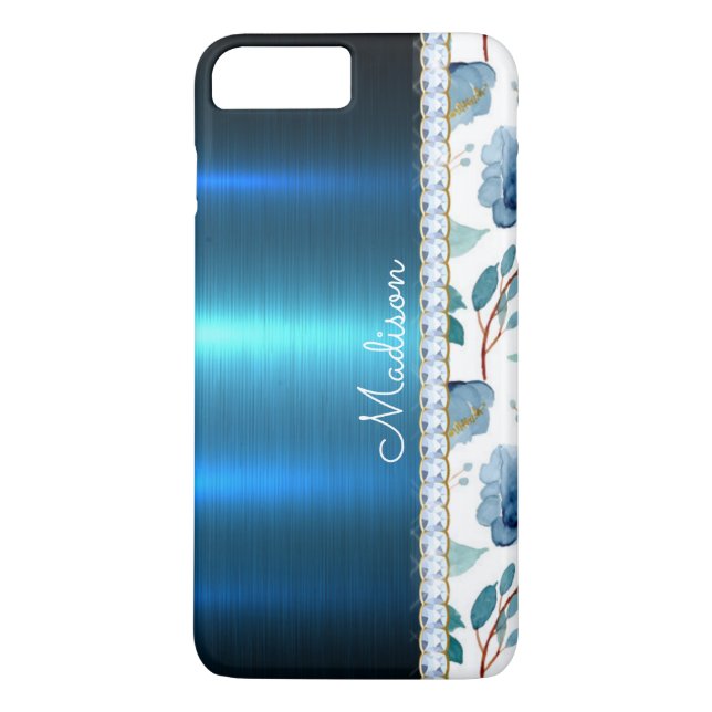 Blue Floral Metallic Glitter Classy Pretty Heart Case-Mate iPhone Case (Back)