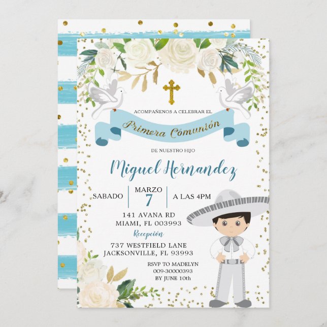 Blue Floral Mexican Boy Holy Communion Invitation (Front/Back)