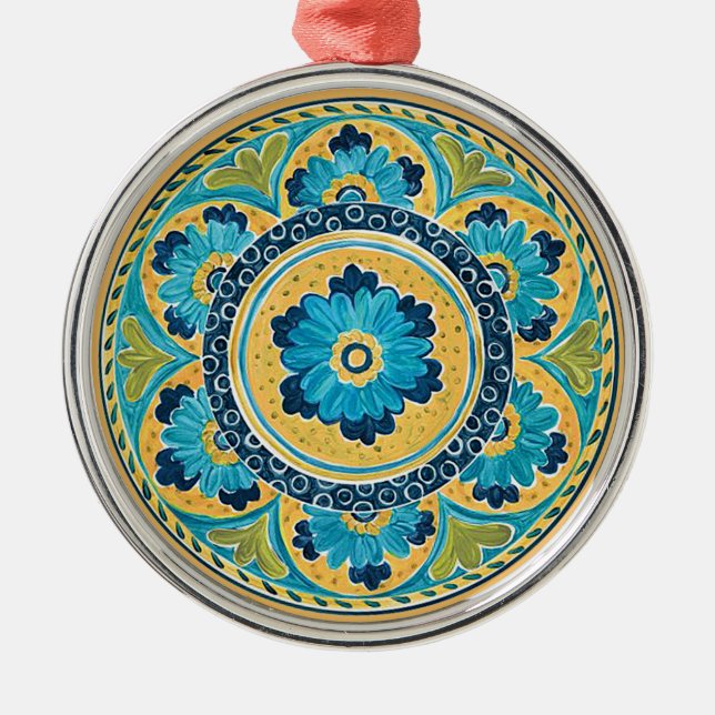 Blue Floral Mexican Tile Metal Tree Decoration (Front)
