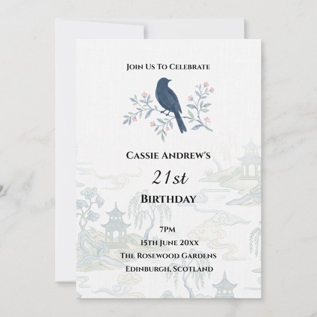 Blue Floral Milestone Birthday Invitation (Front)