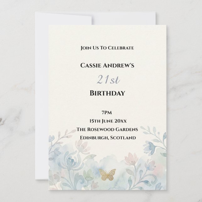 Blue Floral Milestone Birthday Invitation (Front)