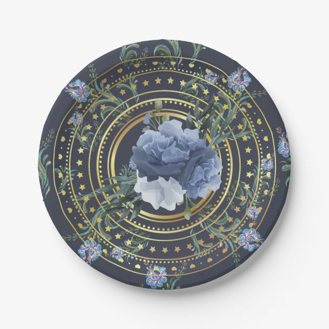 Blue Floral Modern Vintage Paper Plate (Front)