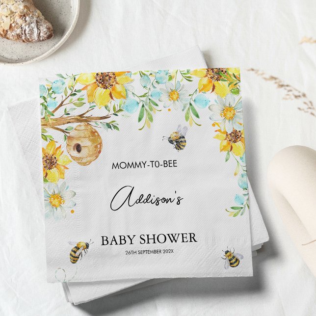 Blue Floral Mommy To Bee Baby Shower Paper Napkin (Boys Mommy-To-Bee Bee Themed Baby Shower Napkin, Floral Bumble Bee Baby Shower Paper Napkin, Hive)