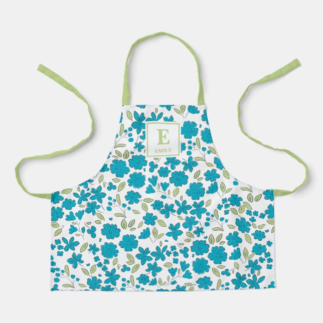 Blue Floral Monogram Apron (Front)