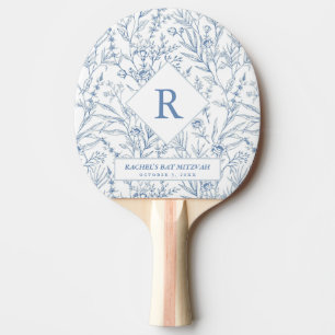 Blue Floral Monogram Bat Mitzvah Ping Pong Paddle