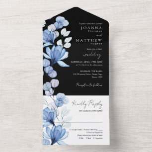 Blue Floral Monogram Black and White Wedding All In One Invitation