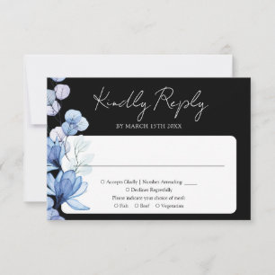 Blue Floral Monogram Black And White Wedding RSVP Card