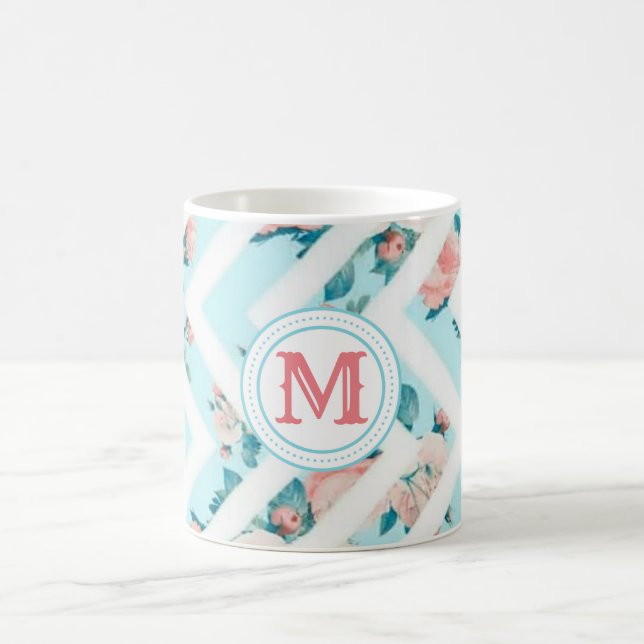 Blue Floral Monogram Chevron Pattern Classic Mug (Center)