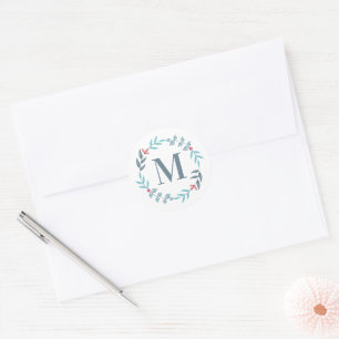 Blue Floral Monogram  Classic Round Sticker