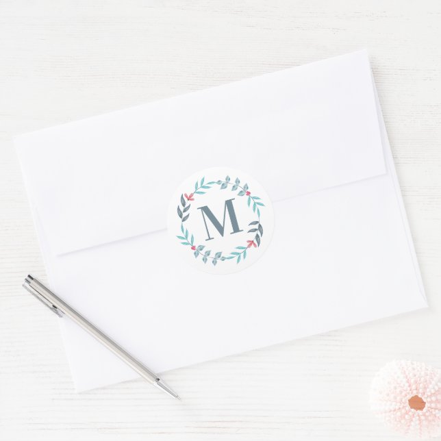 Blue Floral Monogram  Classic Round Sticker (Envelope)