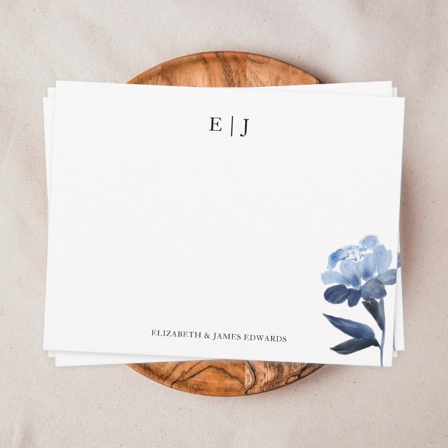 Blue Floral Monogram Couple Initials Personalised Card (Elegant simple couple monogram with blue watercolor flower note card on brown plate)