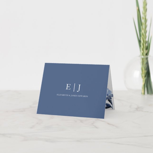 Blue Floral Monogram Couple Initials Personalised Note Card (Front)