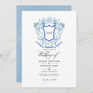 Blue Floral Monogram Crest Wedding Photo Invitation