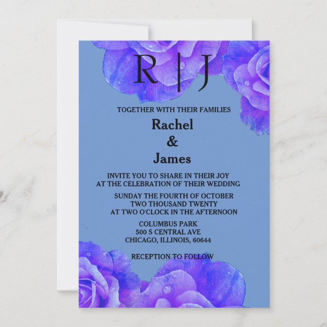 Blue Floral Monogram Elegant Rose Flowers Wedding Invitation (Front)