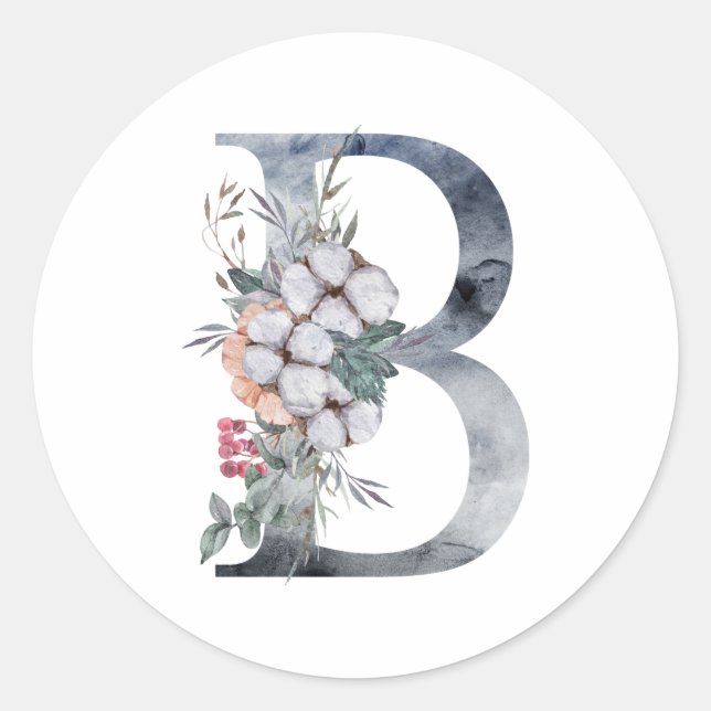 Blue Floral Monogram Initial B Classic Round Sticker (Front)