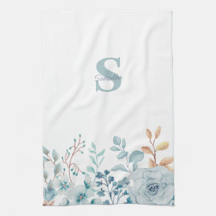 Blue Floral Monogram Name Kitchen Towels