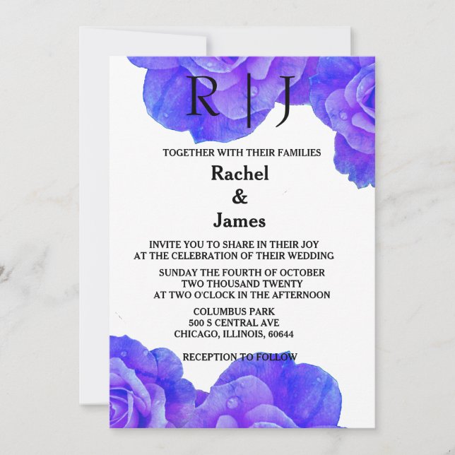 Blue Floral Monogram Rose Flowers Blooms Wedding Invitation (Front)